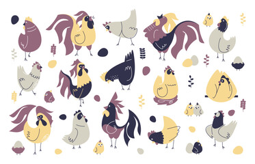 Chicken and rooster. Doodle flock of domestic farm animals, cute hen and rooster characters, rural poultry farm concept. Vector isolated set of chicken rooster bird illustration