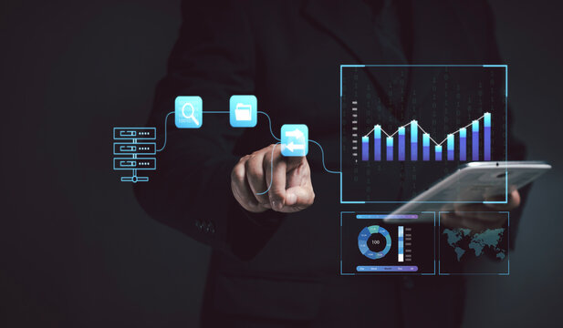 Businessman taps virtual screen on data analysis icon. Concept of data usage and big data analysis. storage for business organizations. Marketing strategy and investment growth business. 