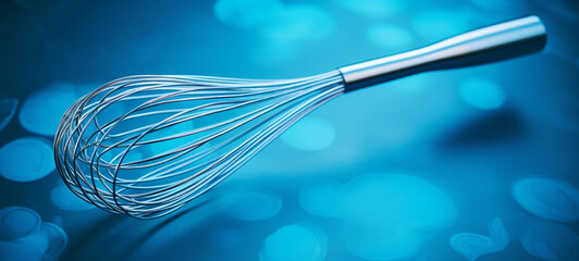 Pastry whisk on blue background, obj, pastry equipment, generative AI