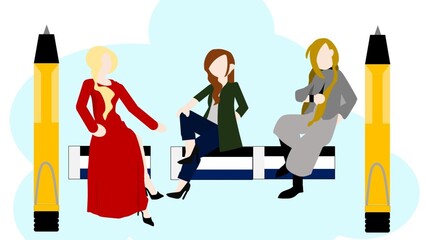 消しゴムに座って談話する女性たちのイラスト