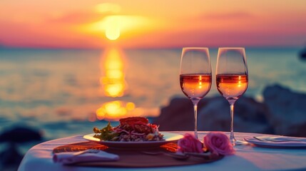 Summer love. Romantic sunset dinner on the beach. Table honeymoon set for two with luxurious food, glasses of rose wine drinks in a restaurant with sea view. Happy valentines day. - obrazy, fototapety, plakaty