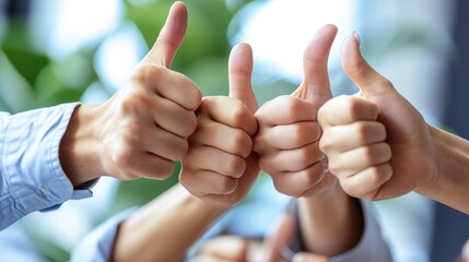 Thumbs up with hands of a business team. Concept of saying thank you for giving motivation together in their office at work.