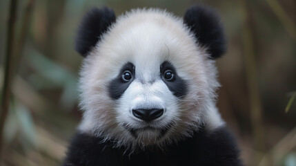 Obraz premium Cute panda eating bamboo, Giant Panda bear (Ailuropoda melanoleuca), Panda eating shoots of bamboo. Rare and endangered black and white bear.