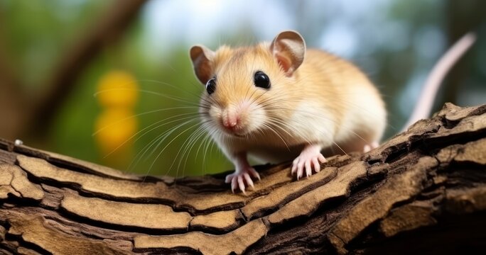 A Close-Up of a Cute Fat-Tailed Gerbil Crawling on a Tree