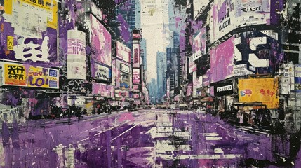 Generative AI, vintage grunge purple collage poster with asian cityscape. Different textures and shapes