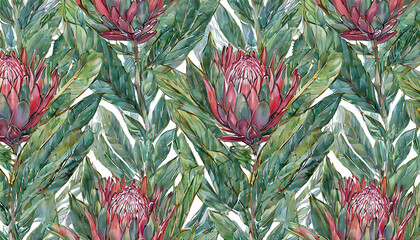 Obraz premium Tropical exotic seamless pattern with protea flowers in tropical leaves. Hand-drawn vintage illustration. Good for design wallpapers, fabric printing