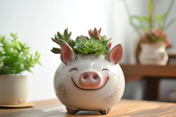 Piggy pot with green plant on a white background 