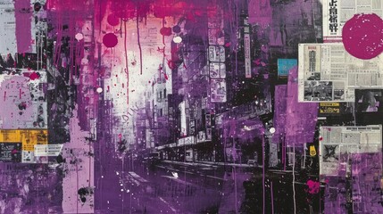 Generative AI, vintage grunge purple collage poster with asian cityscape. Different textures and shapes - obrazy, fototapety, plakaty