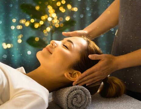 A woman receiving a head spa in a fantastical relaxation room