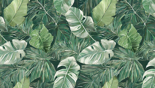 Tropical exotic seamless pattern with tropical green palm, colocasia, banana leaves. Hand drawing botanical vintage background. Suitable for making wallpaper, printing on fabric, wrapping
