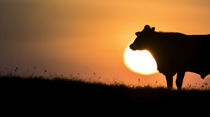 Silhouette of cow on sunset sky.