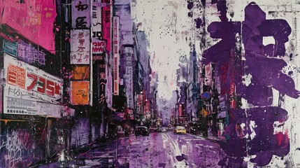 Generative AI, vintage grunge purple collage poster with asian cityscape. Different textures and shapes