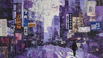 Generative AI, vintage grunge purple collage poster with asian cityscape. Different textures and shapes