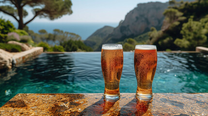 Two Glasses of Beer by a Swimming Pool