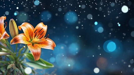 Fototapeta premium Orange lily on right with magical bokeh background and spacious text copy space on left