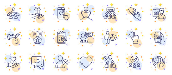 Outline set of Stop shopping, Presentation and Hold heart line icons for web app. Include Approved group, Organic tested, Smile face pictogram icons. 5g internet, Like, Interview job signs. Vector