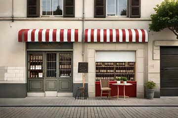 cute vintage european  village storefront facade , tiny boutique vitrine and striped awning - obrazy, fototapety, plakaty