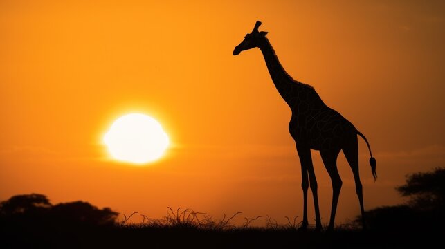 Silhouette of giraffe on sunset sky.