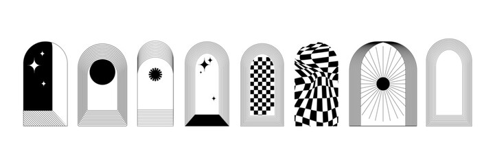 Boho frame arch set, line mystic vintage border, minimal modern star arch art deco collection. Mystic simple bohemian design element, fashion esoteric celestial ornament. Boho frame abstract window