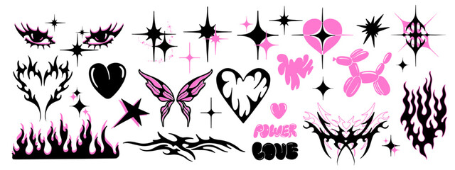 Y2k tattoo sticker set, Neo tribal aesthetic icon, gothic heart silhouette, butterfly, stars, fire. Love grunge groovy fashion print, acid ornament element collection, retro emo kit. Girly y2k sticker
