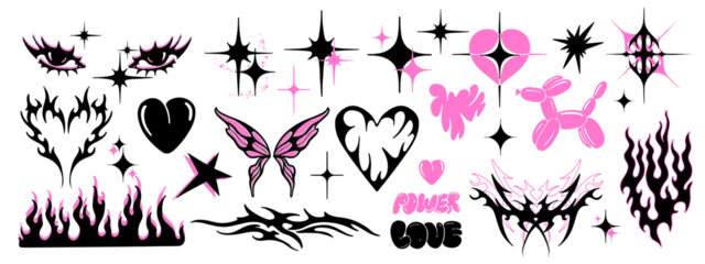 Foto op Plexiglas Grunge vlinders Y2k tattoo sticker set, Neo tribal aesthetic icon, gothic heart silhouette, butterfly, stars, fire. Love grunge groovy fashion print, acid ornament element collection, retro emo kit. Girly y2k sticker