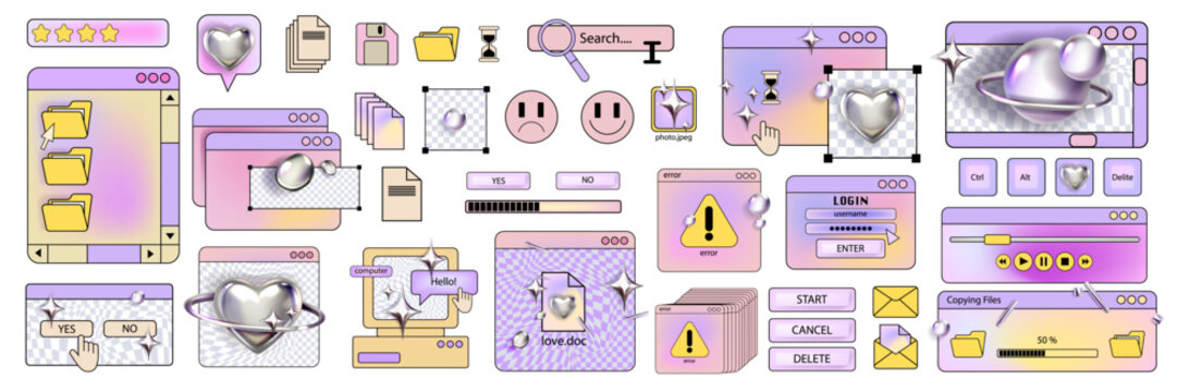 Retro computer window sticker set, 90s web old interface vector background frame, PC screen icon. Y2k nostalgic dialogue box, user desktop panel pop up vaporwave style. Acid retro computer aesthetic