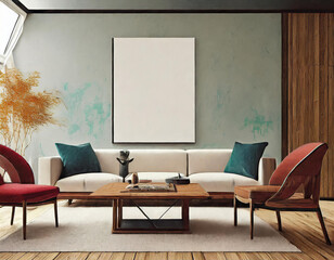 Urban chic living room with stylish seating and a contemporary wooden table. The mockup wall serves as an artistic focal point, allowing for customization and creativity.