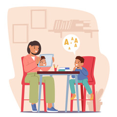 Speech Therapist Engages Preschooler Boy In Alphabet Learning Using A Mirror, Fostering Speech And Letter Recognition