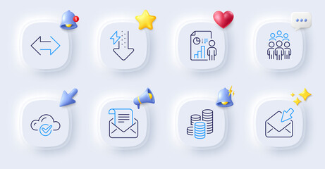 Mail newsletter, Energy drops and Cloud computing line icons. Buttons with 3d bell, chat speech, cursor. Pack of Sync, Business report, Open mail icon. Coins, Group people pictogram. Vector