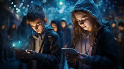 Technology danger and warning. Hypnotized school kids looking at their mobile or tablet device. Where is our world going? Abstract dark futuristic view of children in the near future - obrazy, fototapety, plakaty