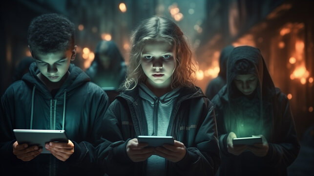 Technology danger and warning. Hypnotized school kids looking at their mobile or tablet device. Where is our world going? Abstract dark futuristic view of children in the near future