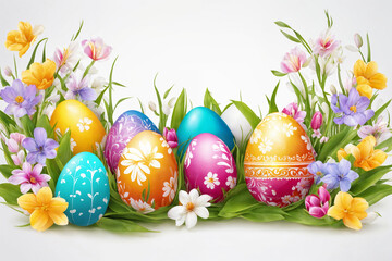 Fototapeta na wymiar Spring Easter holiday. Background with eggs and spring flowers. Greeting card background with copy space. Generative Ai