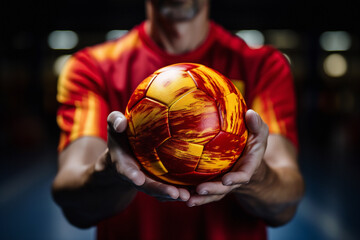 The hands are holding the handball ball. Generative AI Image.	 - obrazy, fototapety, plakaty