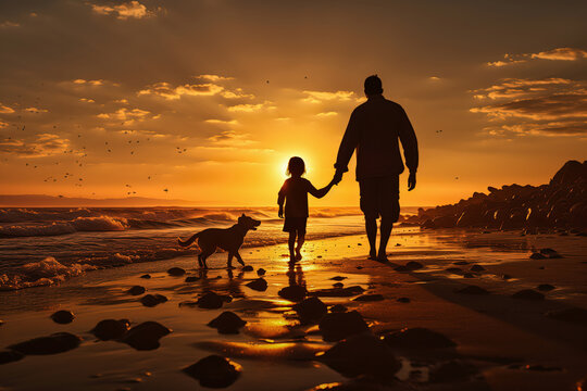 father and son walking on the beach with dog