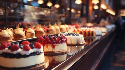 Radiant bokeh background with gourmet desserts and specialty coffee drinks in an elegant patisserie - obrazy, fototapety, plakaty