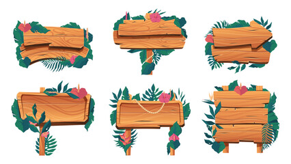 Fototapeta premium Wooden banners with plants. Exotic floral directional signs, nature decorative frame with leaves and flowers. Vector isolated set of floral wooden banner illustration