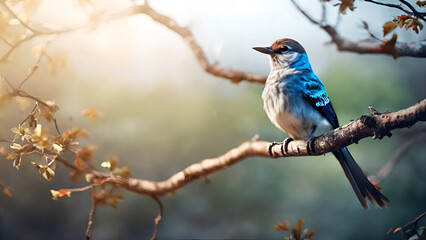  A  bird sits on a branch with a blurred background