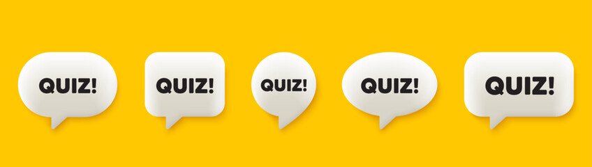 Quiz tag. 3d chat speech bubbles set. Answer question sign. Examination test symbol. Quiz talk speech message. Talk box infographics. Vector
