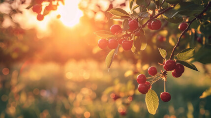 Cherry berries tree close up at the sunset 