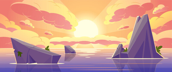 Sunset In Ocean Landscape Background. Sun Dips Below The Horizon, Casting A Warm, Golden Glow Across The Tranquil Sea