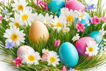 Fototapeta premium Spring Easter holiday. Background with eggs and spring flowers. Greeting card background with copy space. Generative Ai