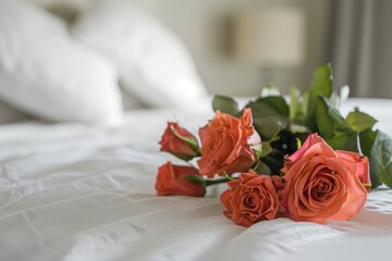close up of a rose bouquet on a bed - pink roses