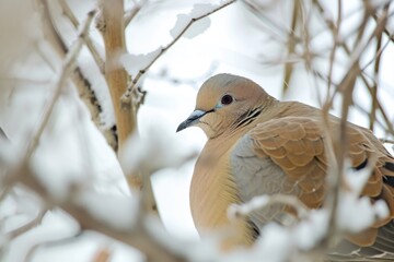 close-up winter photo of a mourning dove in a tree