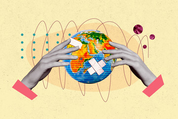 Horizontal collage creative poster two hands hold take care of planet support plaster ecological problem activism on abstract background