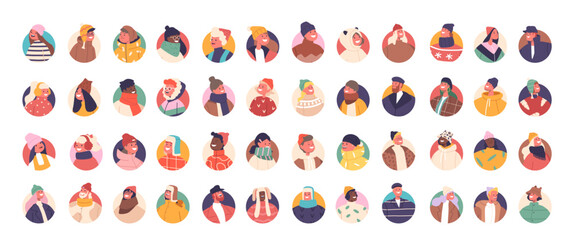 Naklejka premium Charming Collection Of People Avatars In Snug Winter Hats, Exuding Warmth And Style, Embracing The Cozy Spirit Of Season