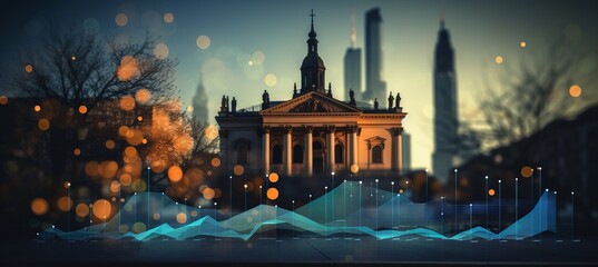 Abstract blurred bokeh with financial data and banking icons for design and advertising purposes