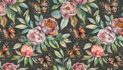 Meubelstickers Vintage floral pattern. Dark background. Wallpaper with delicate peonies, leaves, butterflies. Hand drawing, watercolor illustration. Design for wallpaper, paper, fabric © Milla