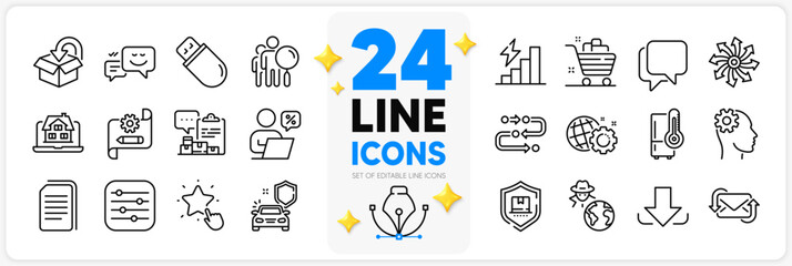 Icons set of Methodology, Versatile and Fraud line icons pack for app with Car secure, Engineering, Usb stick thin outline icon. Happy emotion, Refresh mail, Talk bubble pictogram. Vector