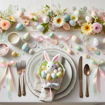 Easter theme, Easter table decorations with the white bunny and Easter eggs, and artificial flowers. Pastel colors.