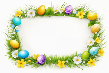 Spring Easter holiday. Background with eggs and spring flowers. Greeting card background with copy space. Generative Ai